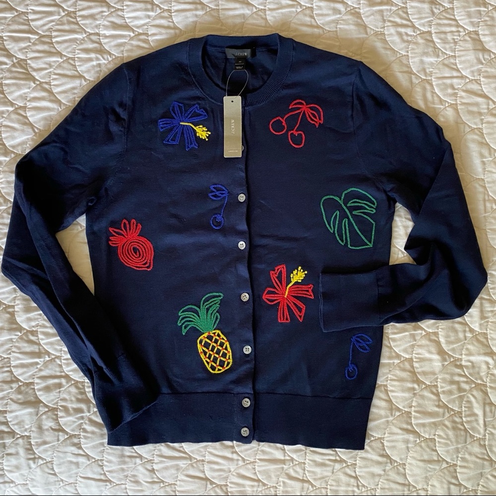 JCrew embroidered fruit cotton cardigan M NWT